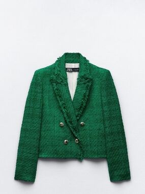 Zara Emerald Green Textured Double-Breasted Cropped Blazer